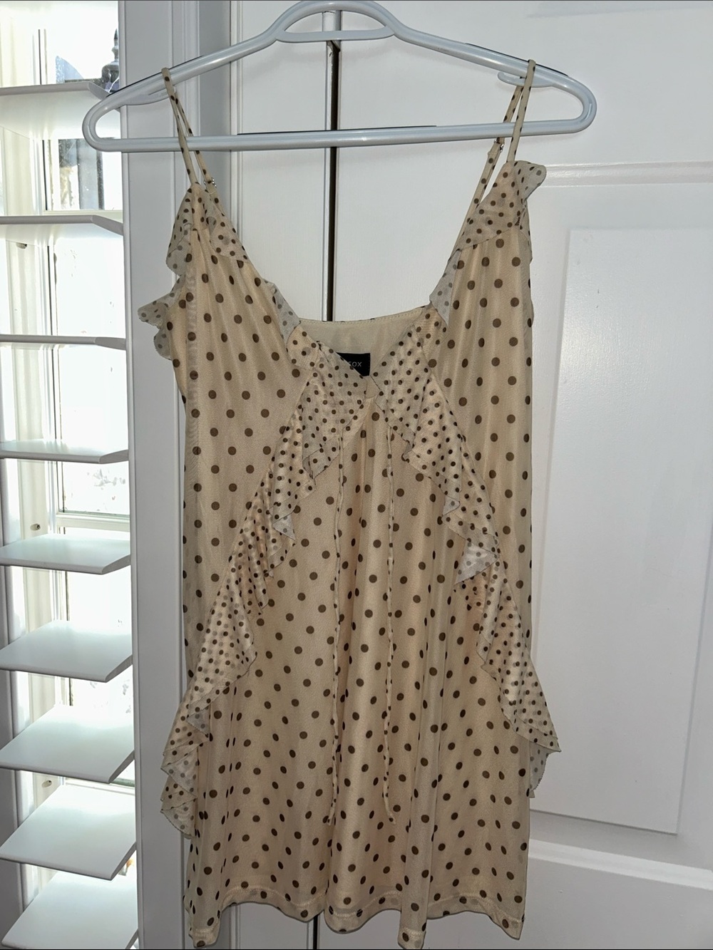 Polka Dot Ruffle Cami Tank Top - Beige/Brown